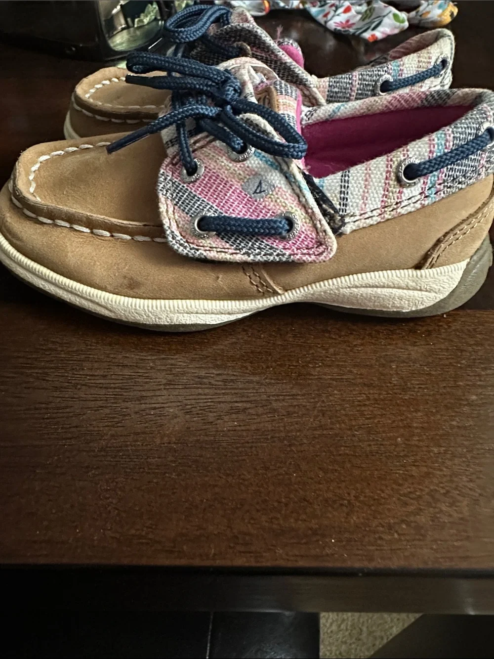 Sperry Kids Tan Leather Moccasins with Multicolor Plaid